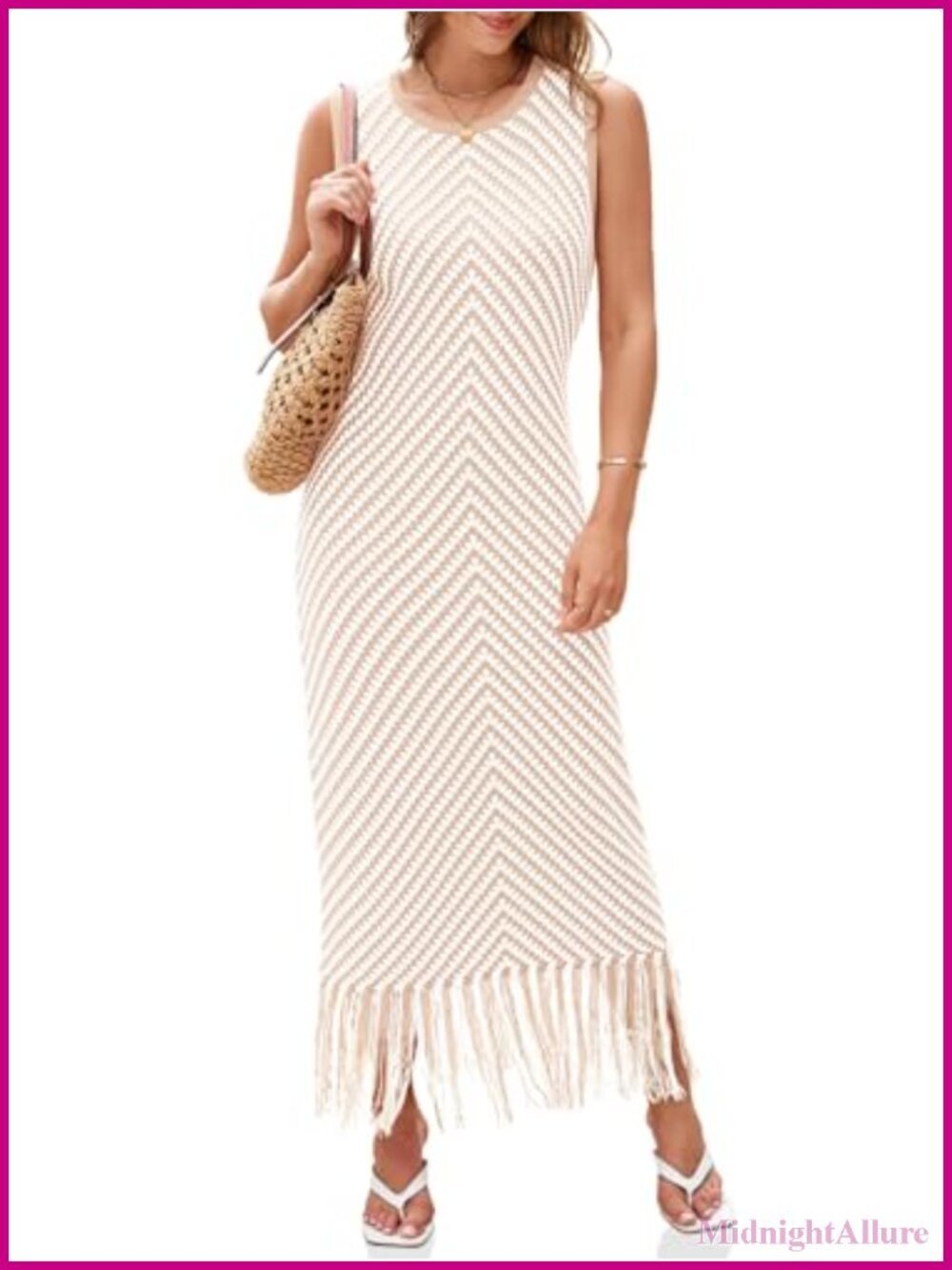 Crochet Knit Dress Sleeveless Casual Striped Tassel Tank Sweater Boho Maxi Dress
